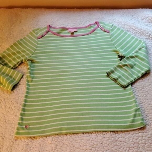 Lilly Pulitzer Sz. S Mint Green & White‎ Striped Pink Neck Trim LS Pullover Top - Picture 1 of 7